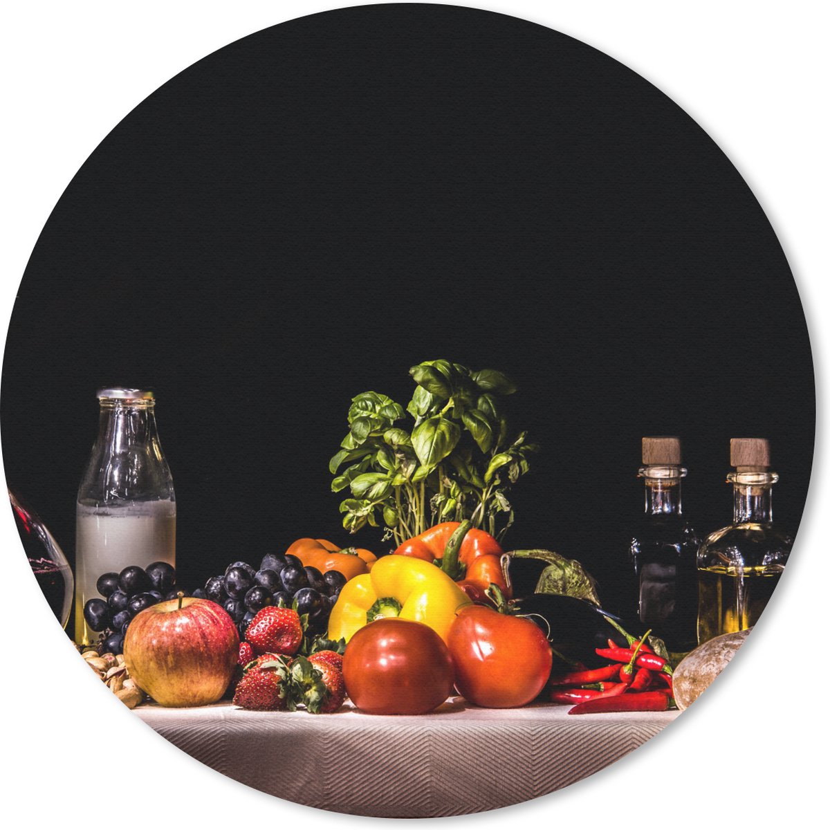 Muismat rond 20x20 cm - Mousepad Stilleven - Eten - Drinken - Fruit - Zwart - Ronde muismatten