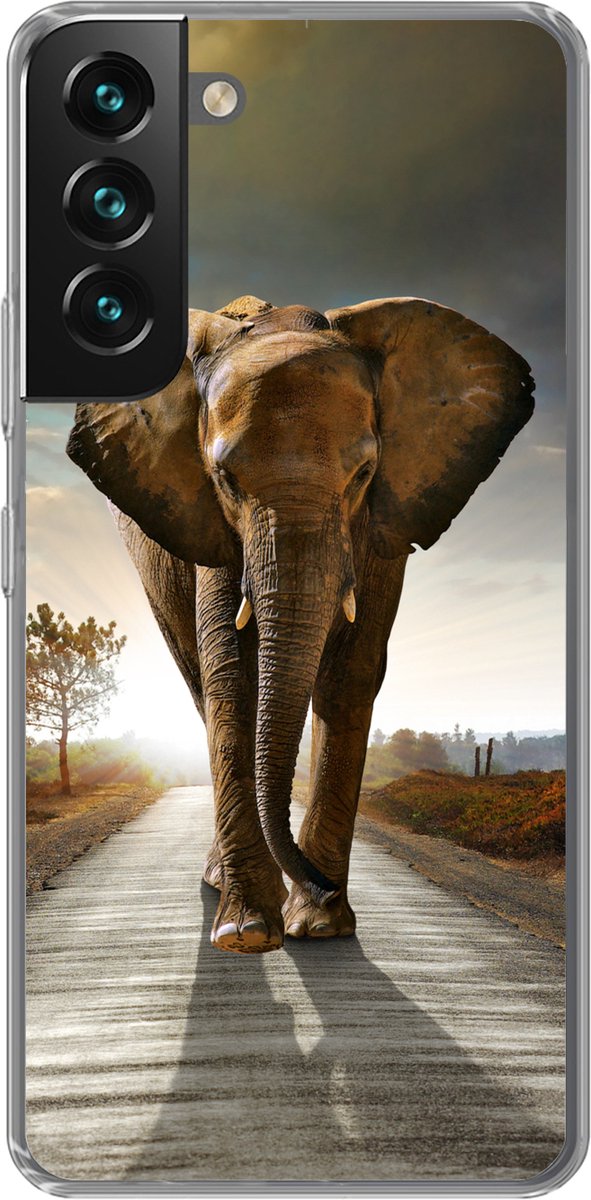 Telefoonhoesje Geschikt voor Samsung Galaxy S22 Plus hoesje - Olifant - Weg - Dieren - Zonsondergang - Landschap - Siliconen Telefoonhoesje Telefoonhoesje