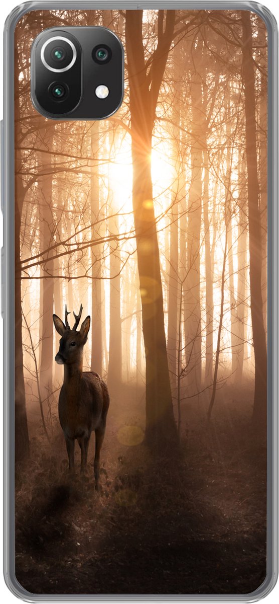 Telefoonhoesje Geschikt voor Xiaomi 11T hoesje - Bos - Hert - Zon - Bomen - Winter - Natuur - Dieren - Siliconen Telefoonhoesje Telefoonhoesje