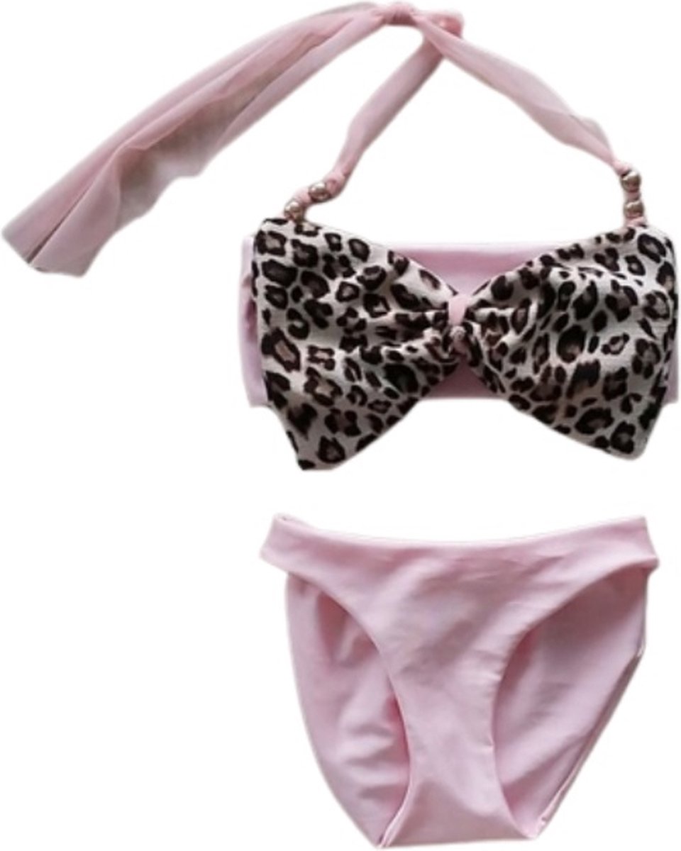 Maat 68 Bikini roze grote panterprint strik Baby en kind lichtroze zwemkleding - Merkloos