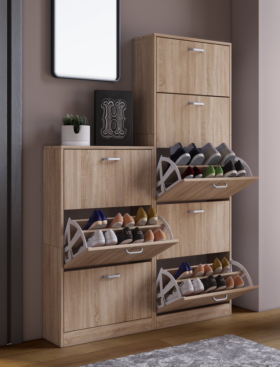 Schoenenkast - 3 Kleppen - 115x60x24cm - 18 Paar Beuken/Wit