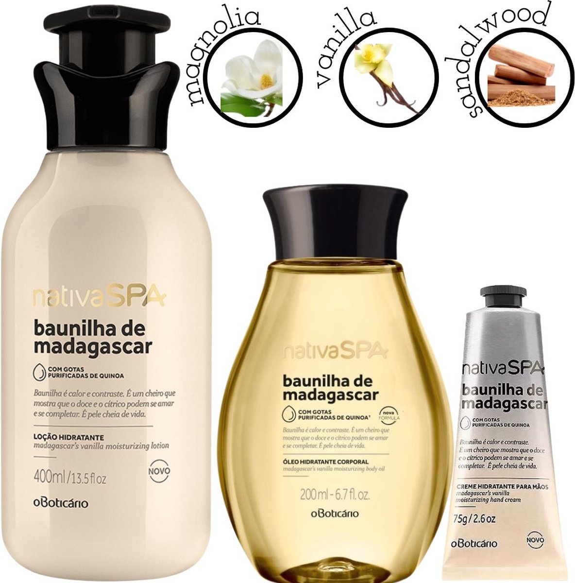 O Boticário, Set van Vanille de Madagascar- Body Lotion + Body oil + Hand creme