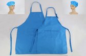 2 Keukenschorten - effen blauw met koksmuts - Katoen - set kind en volwassene