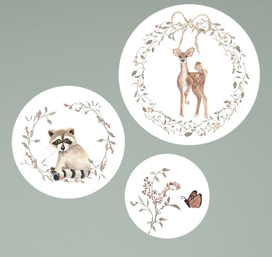 Muurcirkel set van 3 bosdieren wasbeer, hert en vlinder-kinderkameraccessoires-decoratie-bosdieren-muurcirkel