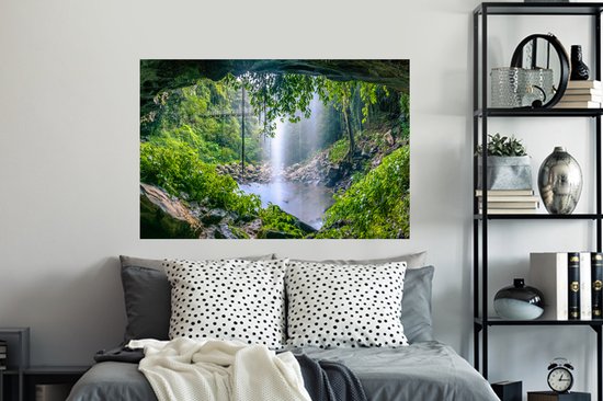 Sticker Muursticker Jungle - Photo de forêt tropicale avec cascade - 120x80 cm - feuille autocollante - sticker mural repositionnable