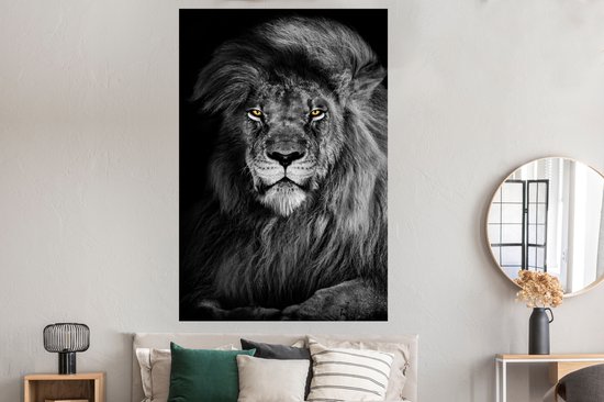 Affiche Lion - Yeux - Oranje - Zwart et Blanc - Animaux - Portrait - 120x180 cm XXL