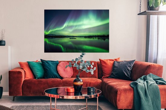 Poster Aurores Boréales - Lac - Islande - Vert - Forêt - Neige - 120x90 cm