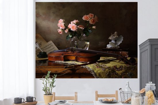 Stickers muraux - Film autocollant - Violon - Roses - Rose - Fleurs - Nature morte - 160x120 cm - Film adhésif - Stickers muraux Chambre d'enfant - Papier peint autocollant XXL