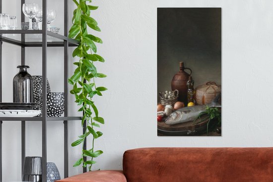 Peinture sur toile rustique - Poisson - Nature morte - Légumes - Herbes - 40x80 cm - Décoration murale