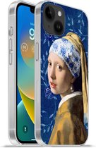 Geschikt voorApple Iphone 14 Plus - Soft case hoesje - Meisje met de parel - Delfts blauw - Vermeer - Bloemen - Schilderij - Oude meesters - Siliconen Telefoonhoesje