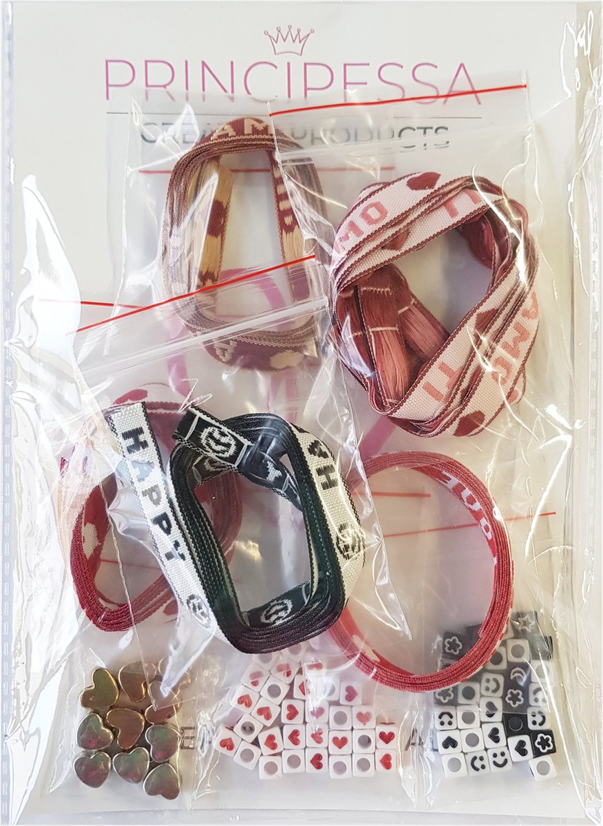 Principessa Festivallint pakket voor armbanden – 5 x 1 meter Festival lint / Love Lint / Tekst Lint – Rood/Roze/Zwart/Wit mix – 70 lintkralen met groot gat — afbeelding 3