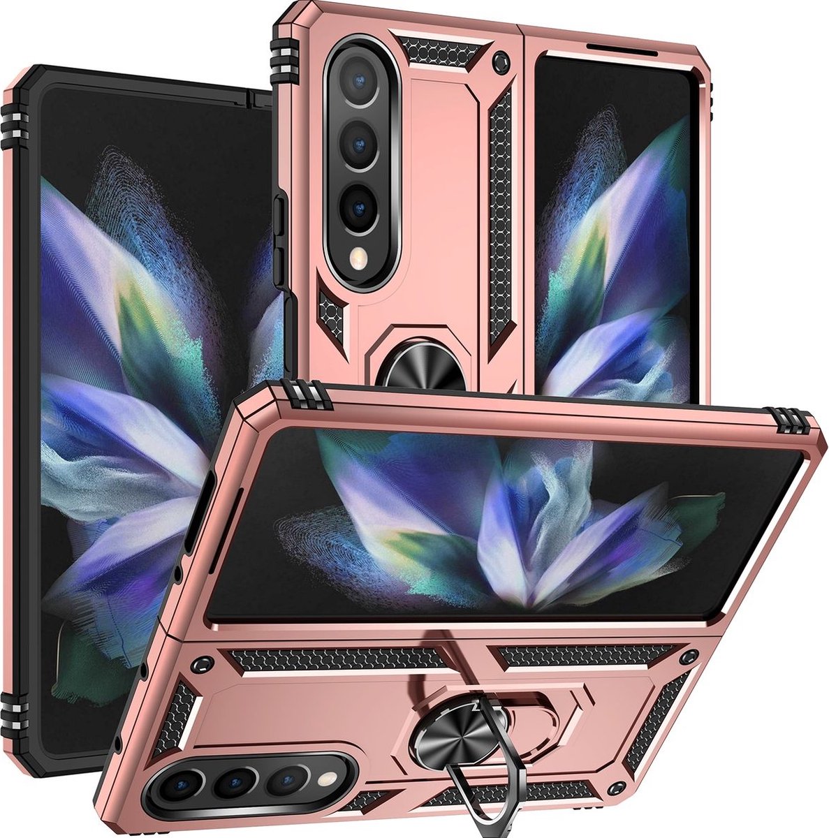 Mobigear Hoesje geschikt voor Samsung Galaxy Z Fold 4 Telefoonhoesje Hardcase | Mobigear Armor Ring Backcover Shockproof met Ringhouder | Schokbestendig Galaxy Z Fold 4 Telefoonhoesje | Anti Shock Proof - Roségoud
