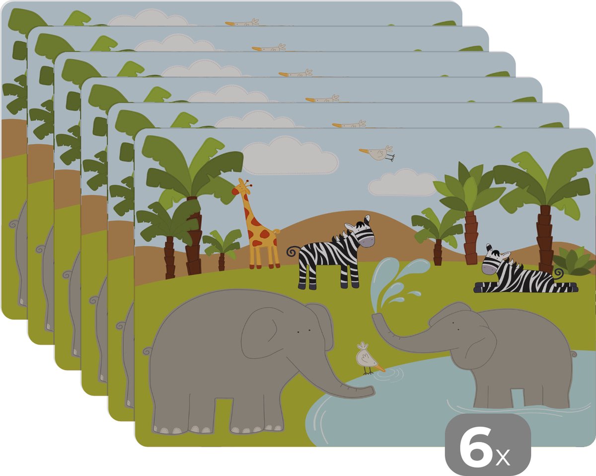 Placemat kinderen - Placemat - Placemats kunststof - Minimalisme - Dieren - Jungle - Jongens - Meisjes - Baby - Kids - 45x30 cm - 6 stuks - Hittebestendig - Anti-Slip - Onderlegger - Afneembaar