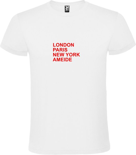 Wit T-Shirt met “ LONDON, PARIS, NEW YORK, AMEIDE “ Afbeelding Rood Size XXXL