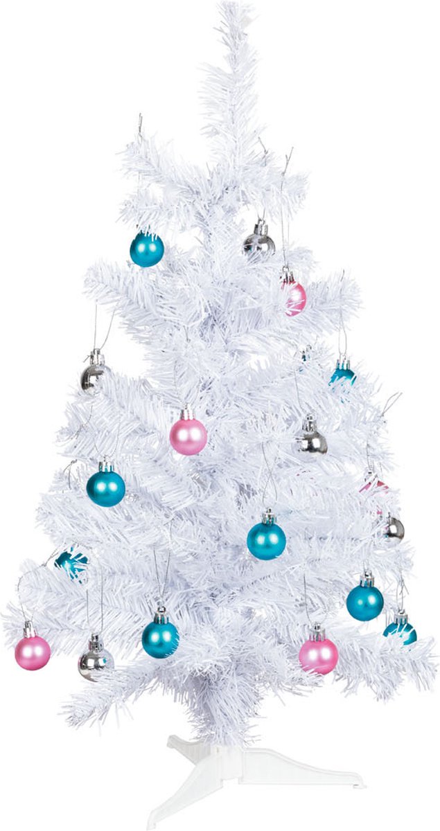 Kunstkerstboom met kerstballen Ø38 x 60 cm - Kerstversiering - Kerstbomen - Kunstboompje - Met 66 flexibele takken - 24 kerstballen - incl. standaard - Wit