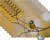 Set de table - Napperons de table en plastique - Mésange charbonnière - Branche - Vogel - Animaux - 45x30 cm - 6 pièces - Résistant à la chaleur - Antidérapant - Coussinet - Amovible