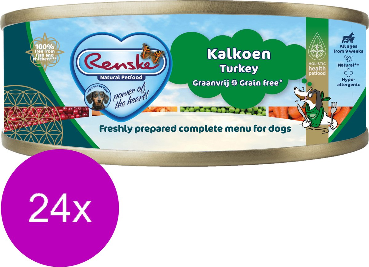 Renske kalkoen graanvrij hypoallergeen nat hondenvoer (blik 95 gr) 1 tray (24 x 95 g)