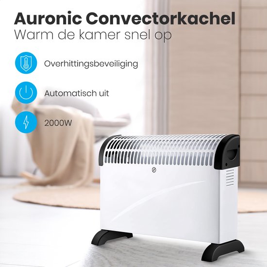 Auronic Elektrische Convector Kachel - 750 /1250 / 2000 Watt - Verstelbare Thermostaat - Wit