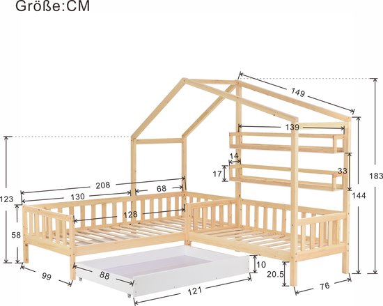 Lit cabane pour enfants avec tiroirs et étagères - bois massif avec clôture  et sommier... | bol