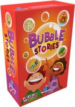 Doos van het spel Bubble Stories. Rode doos met illustraties van lachende kinderen en voorbeelden uit het spel.