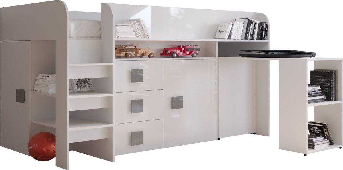 Stapelbed LEDO 1 - Antresola - 90X200 cm - naar de Kinderkamer - Wit + Grijs handvatten (met Matras)