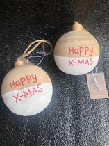 Set van 2 houten onbreekbare kerstballen wit hout rood 8cm