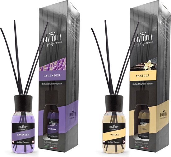 Divinity Aroma Reed Diffusers - Set van 2 - Geurstokjes - Vanille & Lavendel - Made In Italy