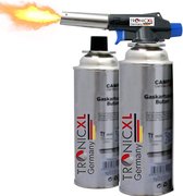 TronicXL Soldeerbrander + 2 cartridges, opzetstuk voor butaangas, gasbrander, gasaansteker, soldeerlamp met piëzo-ontsteking, bajonetaansluiting set