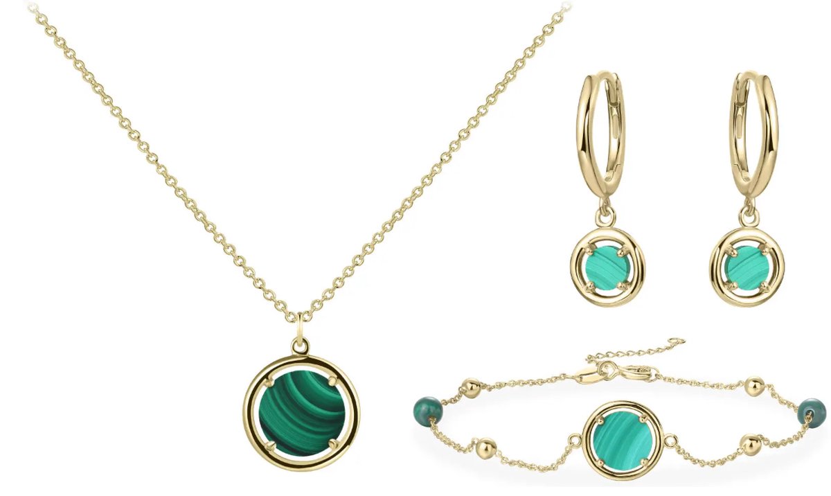 Schitterende SET: 14 Karaat Gouden Halsketting + Armband en Klapoorbellen Edelsteen Malachiet