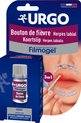 Urgo Filmogel verpakking met tube, voor koortslipbehandeling. Toont een lip met koortslip en het 3-in-1 product.