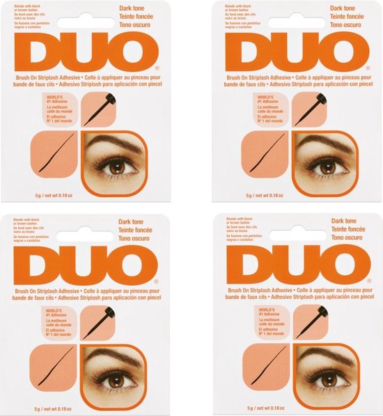 Verpakking van vier DUO wimperlijm met applicator, donker.