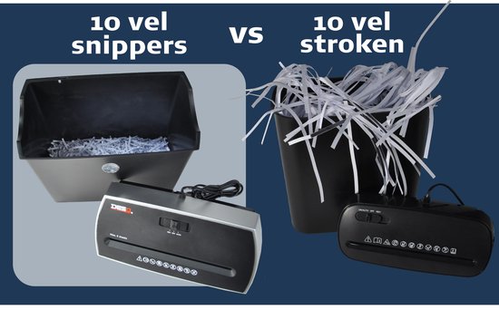 Vergelijking van snippers van 10 vellen met deze papierversnipperaar en stroken van 10 vellen met een andere.