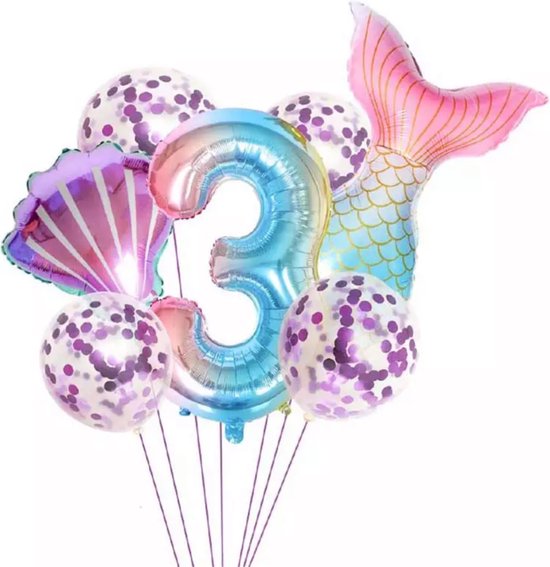 Ballonnen zeemeermin-3 jaar-  verjaardag- Themafeestje- 7 stuks