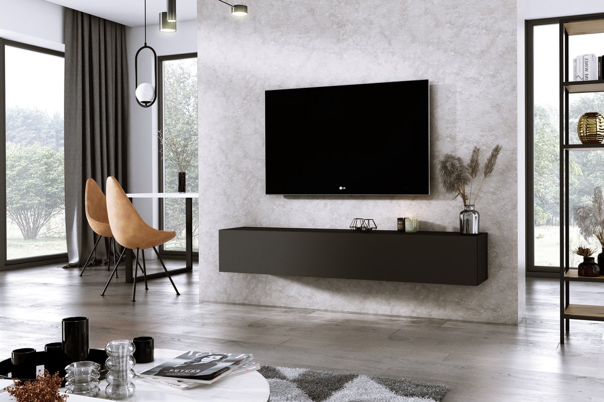 Meubel Square - TV meubel DIAMOND - Mat Zwart - 180cm - Hangend TV Kast - Meubel Square