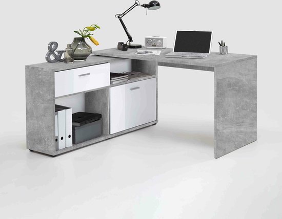 Bureau Colorado Beton Wit - 138x138cm - Hoekbureau - Met opbergruimte - Hoogte 75 cm - Met lades