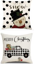 Kerst - kussenhoezen - 2 stuks - sneeuwman - auto - sneeuwpop - sierkussen - set van 2 - kussenhoes - kerstmis - linnen look