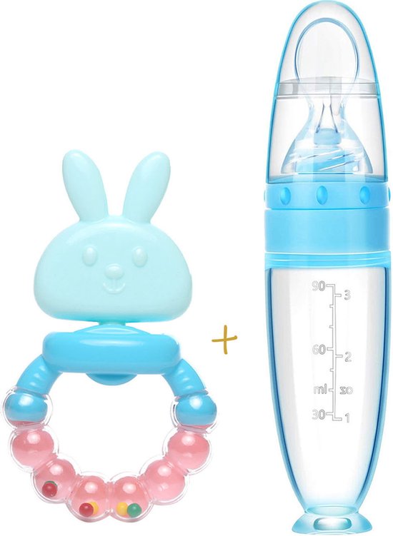 Babyflesje - Biberoia® Cadeau set - Baby - Knijpfles met lepel - Bijtring met rammelaar - Speelgoed - Babyfles - Babybestek - Blauw