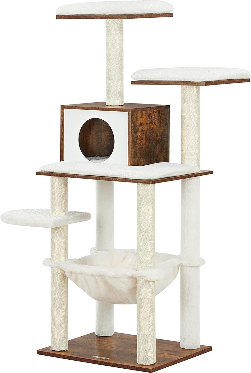 Mira Home Krabpaal voor Kat - Wit Pluche Kattenmeubel met Speeltjes - 138 cm Hoog - Duurzame Krabpaal voor Spelen en Rusten - 55x45x138