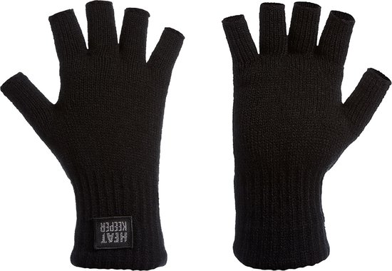 Zwarte gebreide vingerloze handschoenen, vooraanzicht en achteraanzicht met 'HEAT KEEPER' logo.