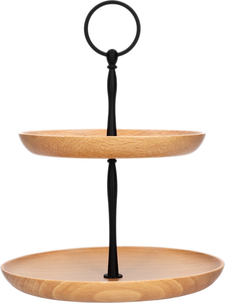 QUVIO Etagère / Serveerschaal - Serveerplanken - Hapjes plank - High tea - Presenteerbladen - Hout en staal - Bruin - Diameter 18 cm - 2 Laags