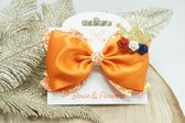 Haarstrik Koningsdag - Satijn - Glitter - Oranje - Roosjes met kroontje - clip - Bows and Flowers