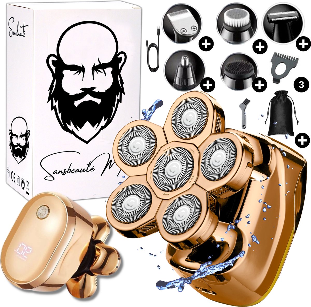 6in1 Scheerapparaat Mannen Trimmer Sansbeauté® Skull Edition Gold Nat & Droog...