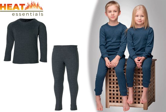 Heat Essentials - Set Vêtements thermiques Enfants - ThermoShirt et Thermo Pants - 116-122 - Grijs Anthracite - Thermo Sous-vêtements Enfants - Skiwear Enfants