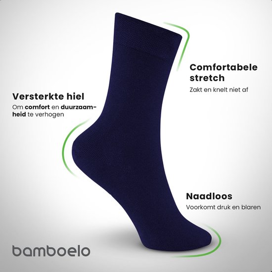 Donkerblauwe sok met "Comfortabele stretch", "Versterkte hiel" en "Naadloos" tekst.