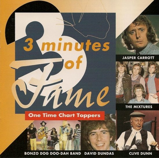 Albumcover '3 Minutes of Fame', met portraits van Jasper Carrott, The Mixtures, Bonzo Dog Doo-Dah Band, David Dundas en Clive Dunn.