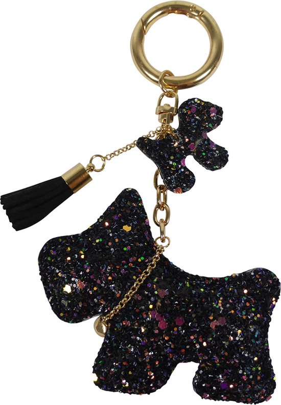 Sleutelhanger/Tashanger Goud - Zwart Hondje en Puppy met Glitter
