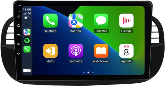 Apple CarPlay-scherm met icoontjes voor Telefoon, Kaarten, Berichten, Huidige, Auto, Podcasts, Audioboeken, Agenda.