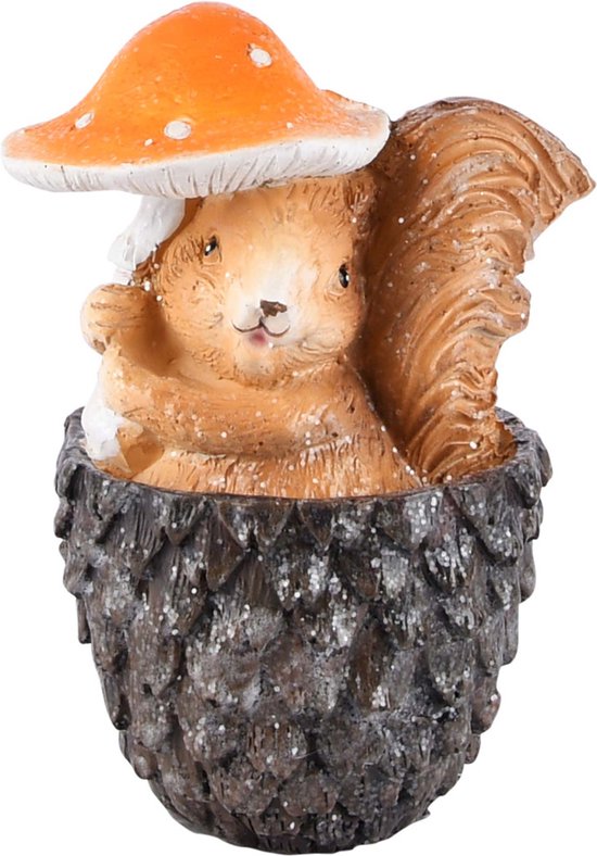 Écureuil / animal en noix avec champignon - Wit / marron / orange - 9 x 7 x 12 cm de haut.