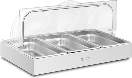 Royal Catering RCCD-RC-03 Buffetvitrine, 3 x 2,6 l, 535 x 335 x 250 mm, buffetvitrine, koud voedsel, vitrinekast, koud (roestvrij staal, polycarbonaat, inhoud 3 x 2,6 l