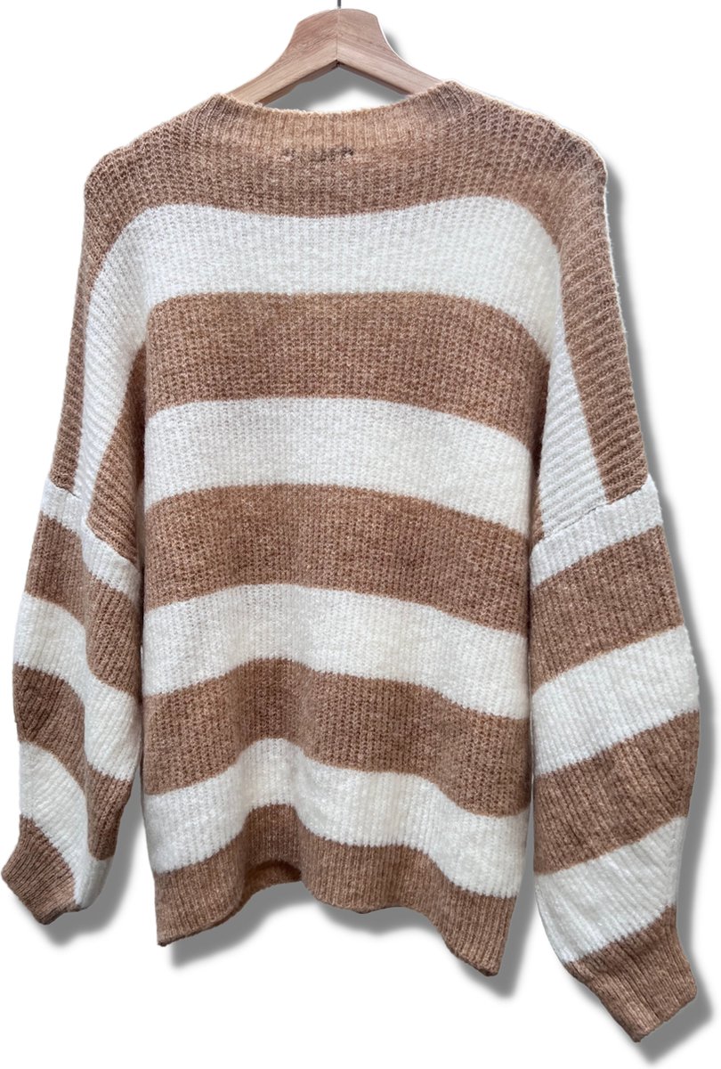 Lundholm Sweater Dames bruin gebroken wit gestreept - gebreide truien dames oversized trui dames knitted scandinavische trui dames | Lundholm Linköping collectie